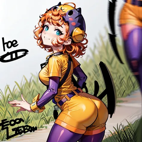 Masterpiece, high quality, happy, 1girl, orange hair, short hair, curly hair, freckles, helmet, bodysuit, yellow shirt, short sleeves, long sleeves, belt, yellow booty shorts, purple thighhighs, sexy body, gorgeous body, beautiful, beautiful legs, (((solo)...