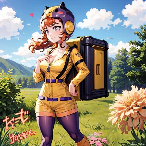 Masterpiece, high quality, happy, 1girl, orange hair, short hair, curly hair, freckles, helmet, bodysuit, yellow shirt, short sleeves, long sleeves, belt, yellow small shorts, purple thighhighs, sexy body, gorgeous body, beautiful, beautiful legs, solo