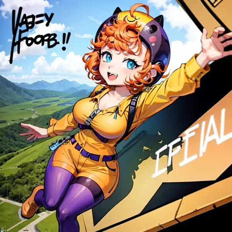 Masterpiece, high quality, happy, 1girl, orange hair, short hair, curly hair, freckles, helmet, bodysuit, yellow shirt, short sleeves, long sleeves, belt, yellow small shorts, purple thighhighs, sexy body, gorgeous body, beautiful, beautiful legs, (((solo)...