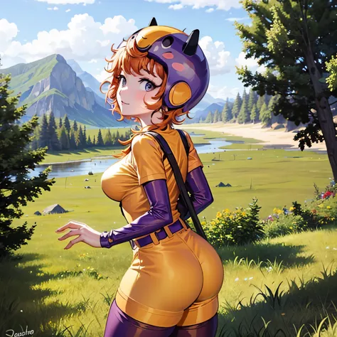 Masterpiece, high quality, happy, 1girl, orange hair, short hair, curly hair, freckles, helmet, bodysuit, yellow shirt, short sleeves, long sleeves, belt, yellow booty shorts, (((purple thighhighs))), sexy body, gorgeous body, beautiful, beautiful legs, ((...
