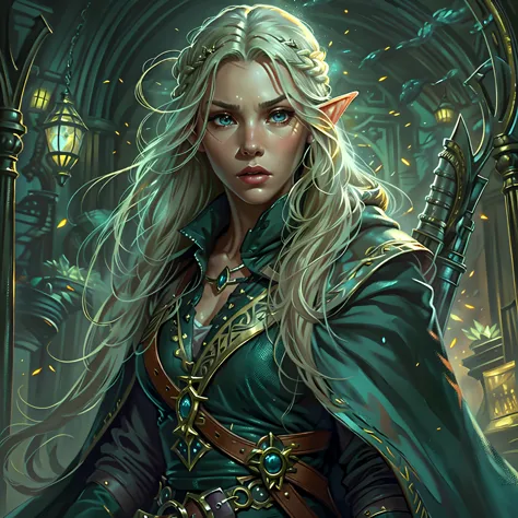 a picture of a female elf (intense details, masterpiece, best quality: 1.5) fantasy swashbuckler, fantasy fencer, armed with a s...