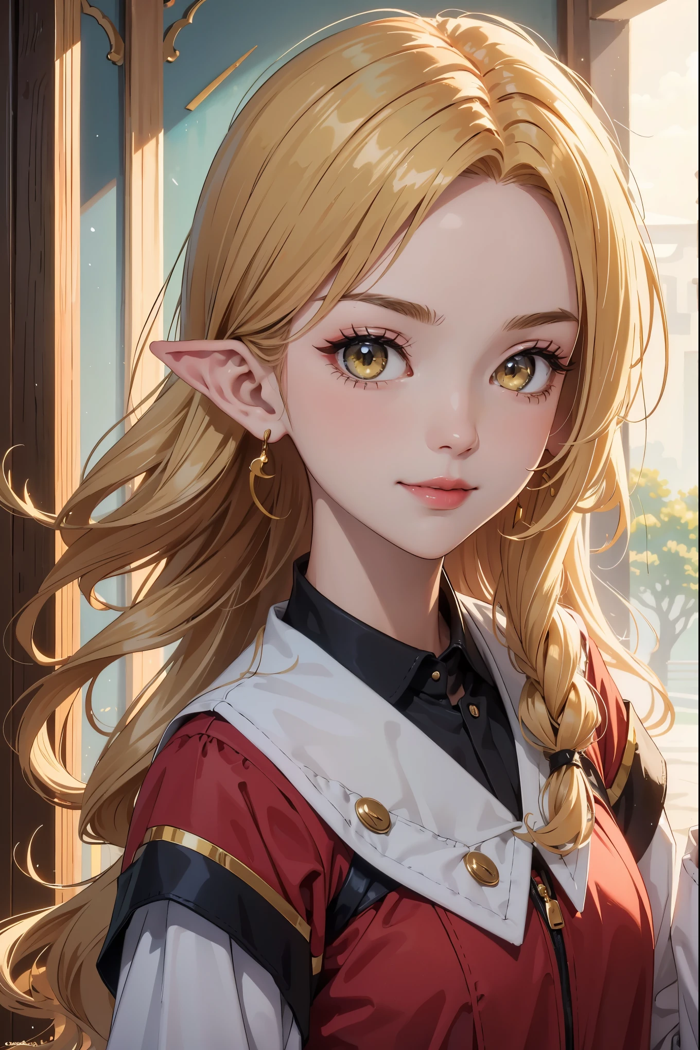 Masterpiece, Ultra High quality, 4k resolution, closeup portrait. Gorgeous perfect face, elf, blonde hair, (bright yellow parkling eyes:1.4), sweet and kind face, plump luscious lips, cute nose, slight smile, magical appearance:1.2 