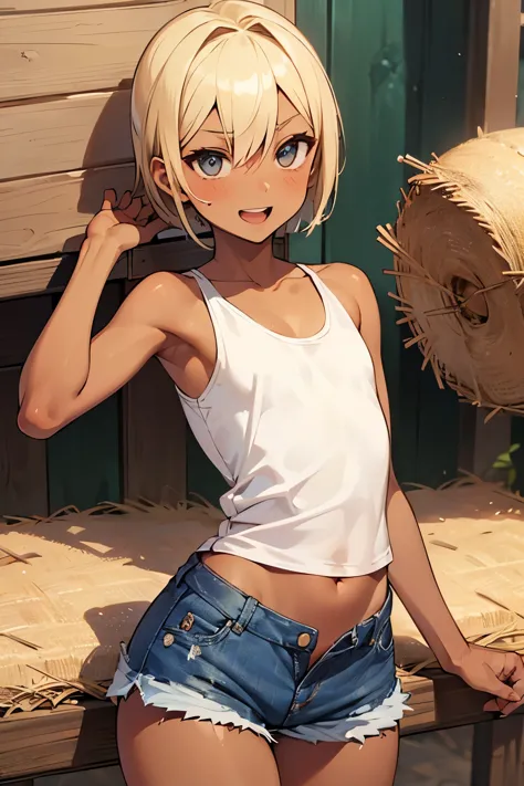 (((SHARP detail perfect face))), (flat chest), (nice hips), detailed skin, ((masterpiece)), best quality, (SHARP details), 4k, (((femboy))), (((farm))), (tight (tank top)), ((denim hotpants)), ((blonde hair)), sweat, (trap), amber eyes, looking at viewer, ...