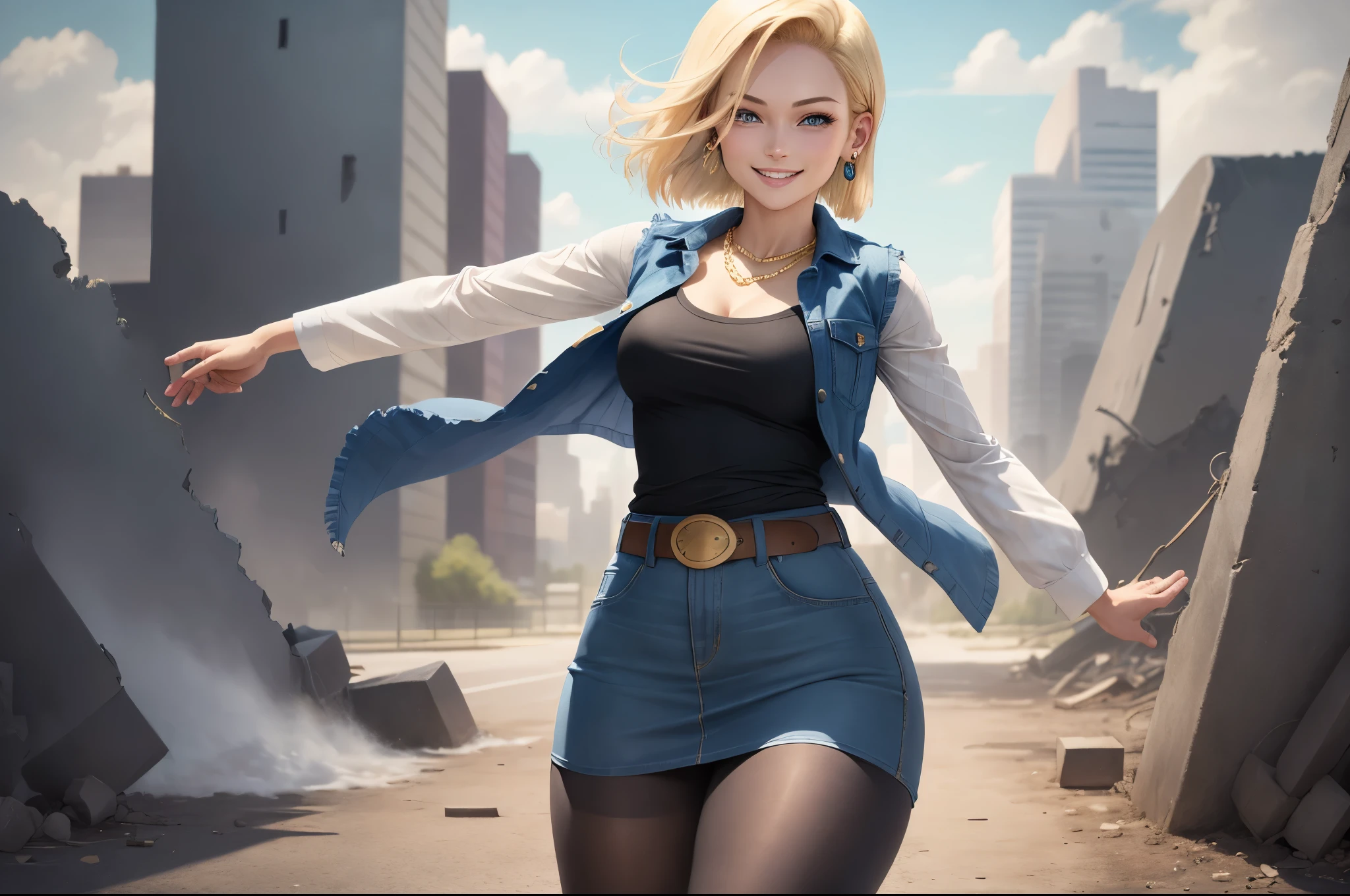 best quality, highres, and18, 1girl, android 18, solo girl, blonde hair, blue eyes, belt, boots, tight blue demin skirt, gold necklace, black shirt, short hair, long striped sleeves, earrings, open vest, denim vest, medium breasts, cowboy shot, city view, straight-on, (weather: windy), sexy smile, full length pantyhose, battle ruins, wide hips, thick legs, flexing, white panties,