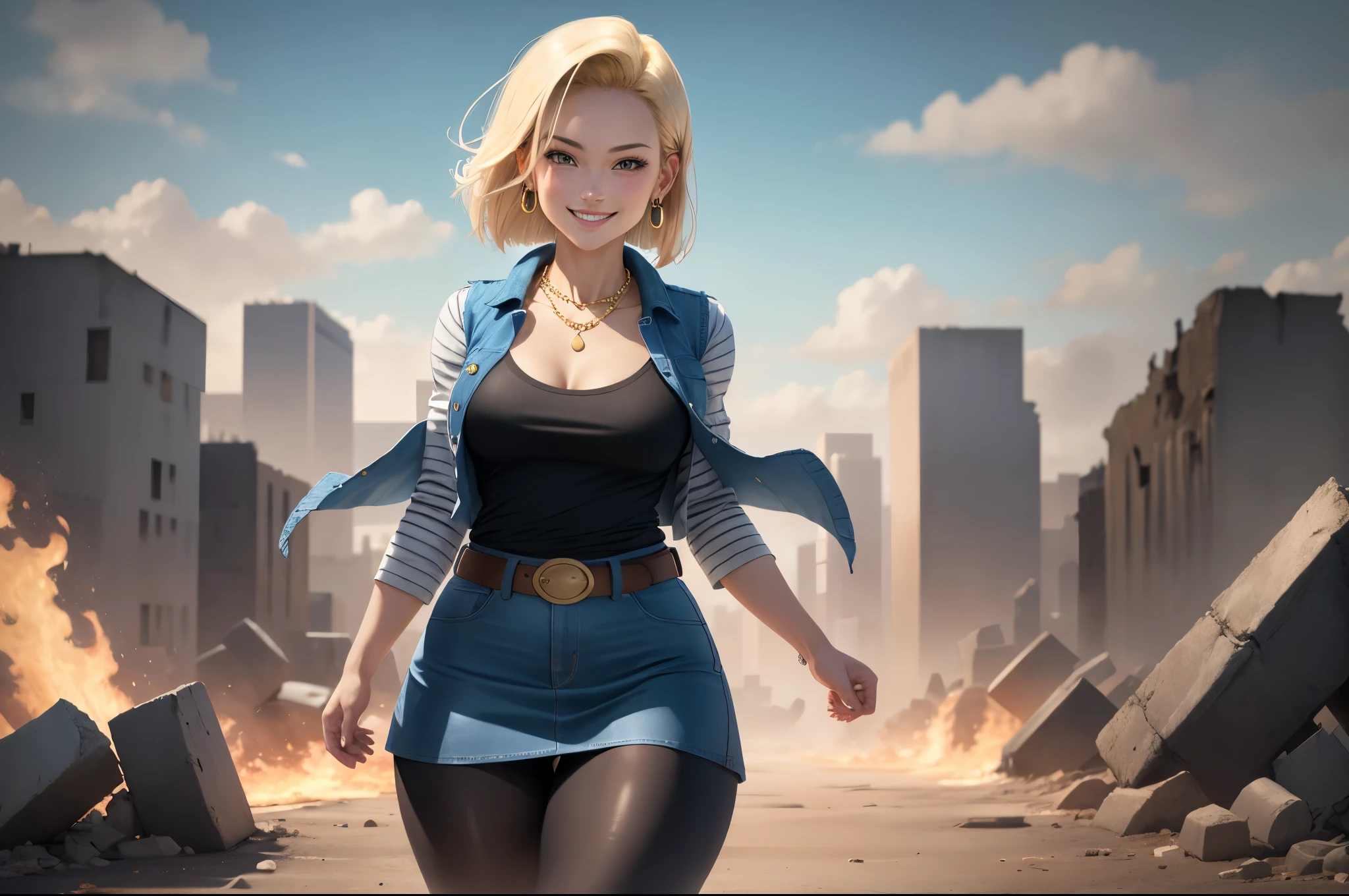 best quality, highres, and18, 1girl, android 18, solo girl, blonde hair, blue eyes, belt, boots, tight blue demin skirt, gold necklace, black shirt, short hair, long striped sleeves, earrings, open vest, denim vest, medium breasts, cowboy shot, city view, straight-on, (weather: windy), sexy smile, full length pantyhose, battle ruins, wide hips, thick legs, flexing, white panties,