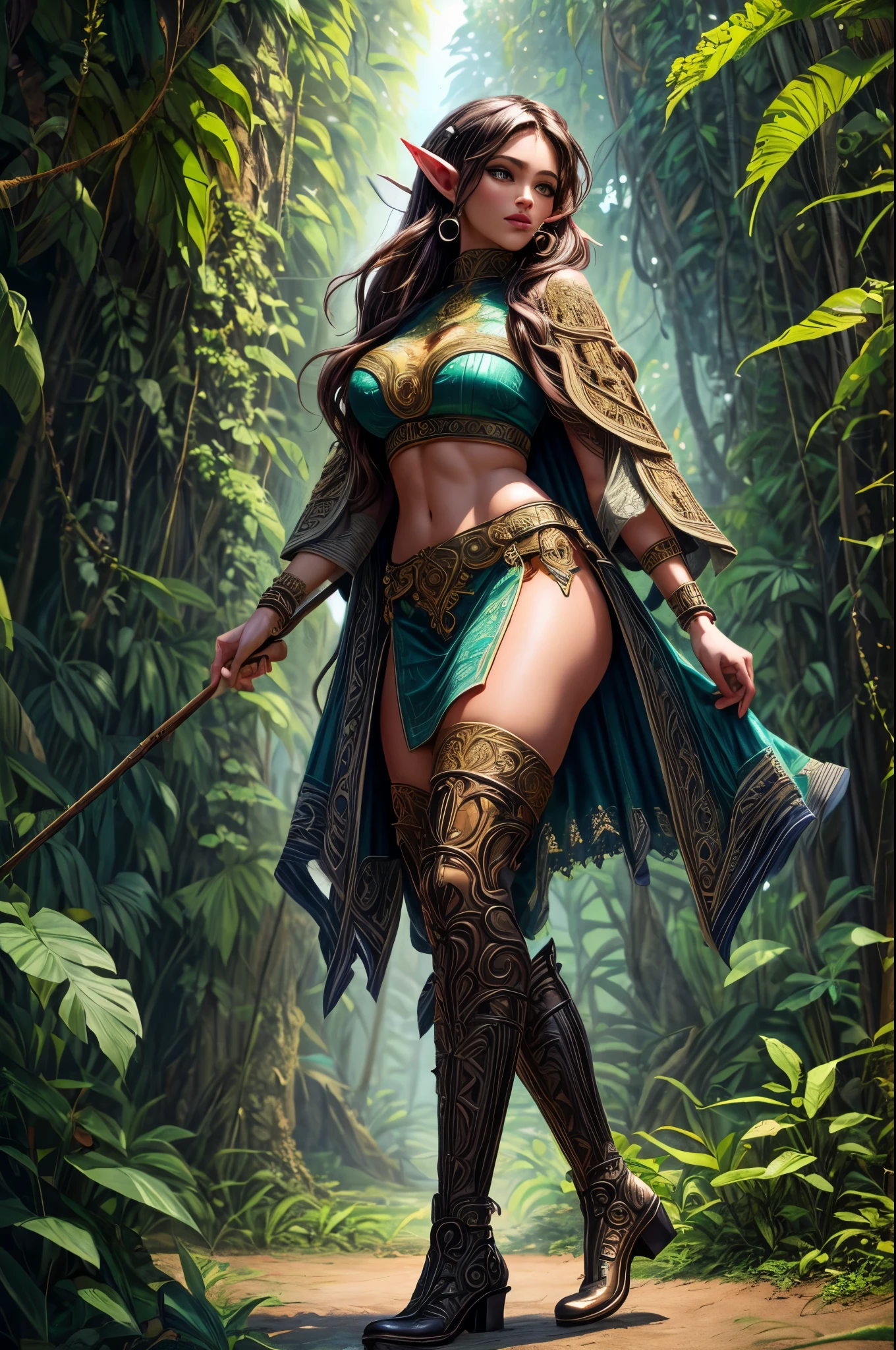 high details, best quality, 16k, [ultra detailed], masterpiece, best quality, (extremely detailed), dynamic angle, ultra wide shot, RAW, photorealistic, fantasy art, realistic art, a female elf druid (intricate details, Masterpiece, best quality: 1.5) in a jungle, a female elf wearing leather clothes intricate details, Masterpiece, best quality: 1.4), leather boots, thick hair, long hair, brown hair, intense blue eyes, vibrant jungle (intense details), plenty of plant life, vines coming from trees, many jungle trees (intricate details, Masterpiece, best quality: ), vines, a river flowing, sun light, dynamic light. dynamic angle, (intricate details, Masterpiece, best quality: 1.5) , 2.5 rendering, high details, best quality, highres, ultra wide angle