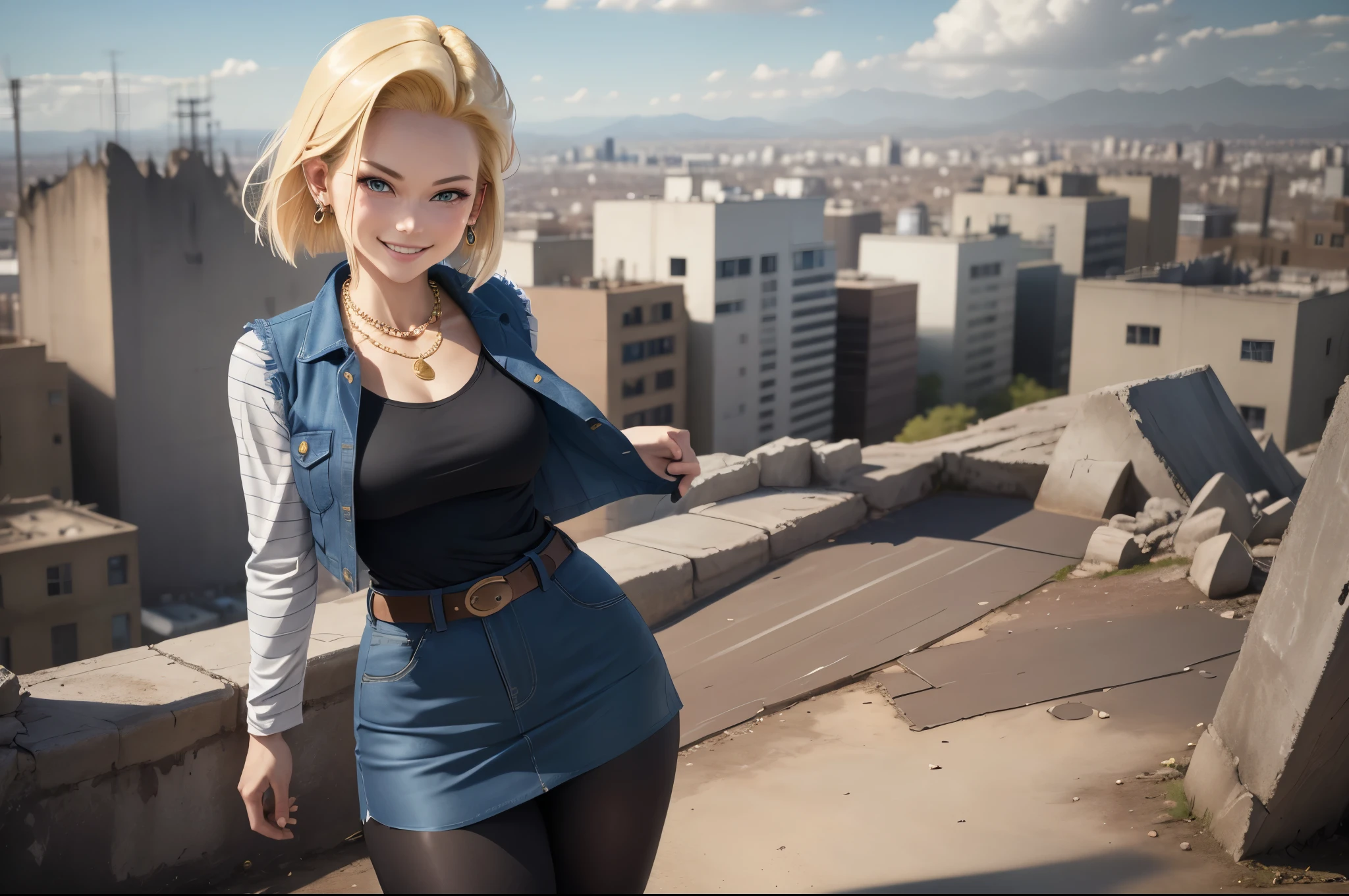 best quality, highres, and18, 1girl, android 18, solo girl, blonde hair, blue eyes, belt, boots, tight blue demin skirt, gold necklace, black shirt, short hair, long striped sleeves, earrings, open vest, denim vest, medium breasts, cowboy shot, city view, straight-on, (weather: windy), sexy smile, full length pantyhose, battle ruins, wide hips, thick legs, flexing,