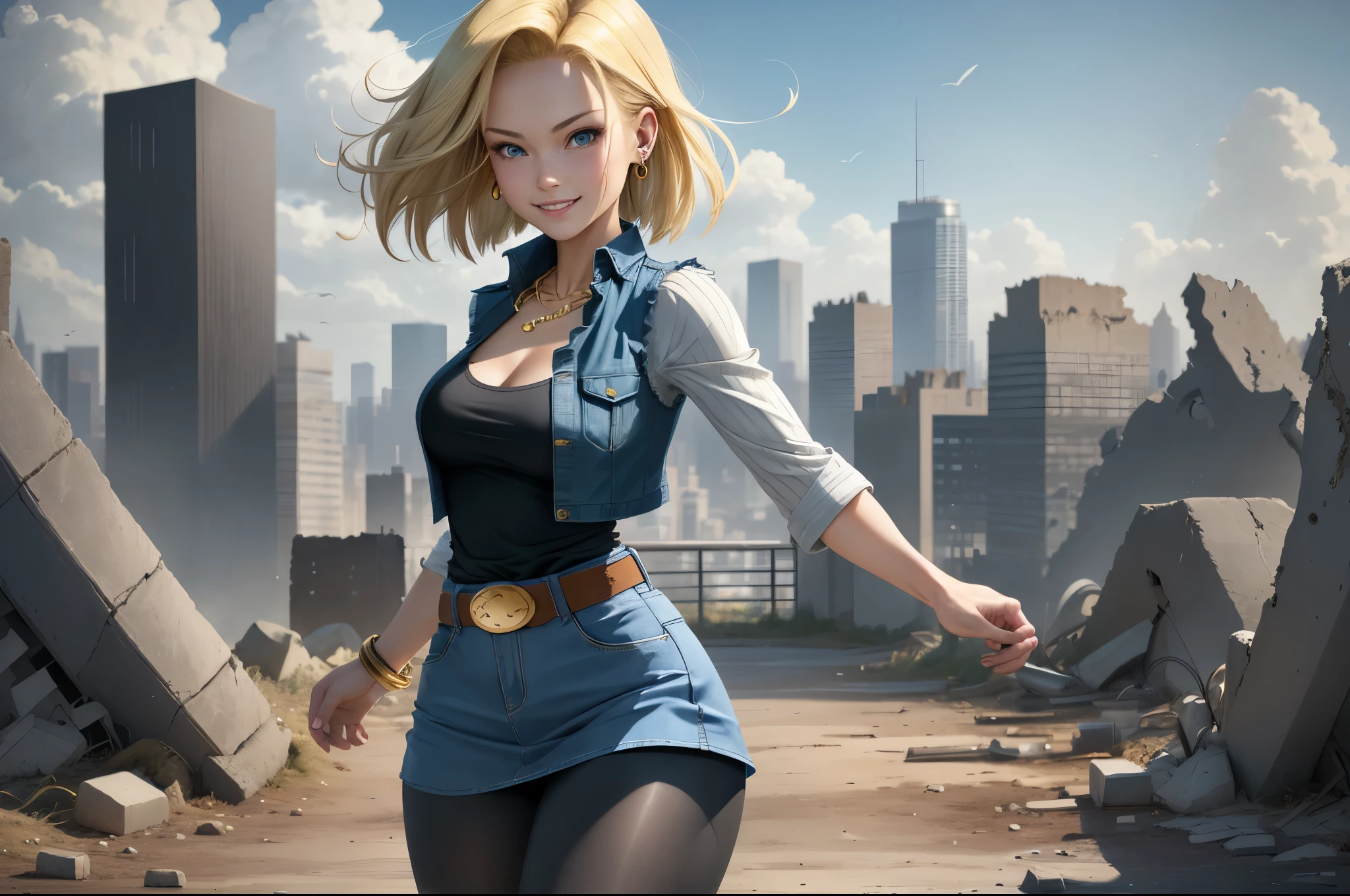 best quality, highres, and18, 1girl, android 18, solo girl, blonde hair, blue eyes, belt, boots, tight blue demin skirt, gold necklace, black shirt, short hair, long striped sleeves, earrings, open vest, denim vest, medium breasts, cowboy shot, city view, straight-on, (weather: windy), cute smile, full length pantyhose, battle ruins, wide hips, thick legs, combat stance, view from behind,