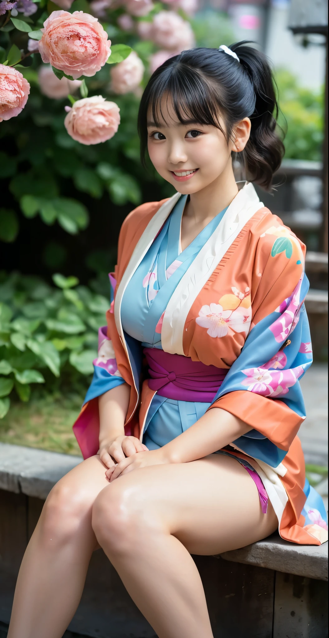 （8k、Raw photography、highest quality、masterpiece：1.2),(black haired、curly ponytail:1.7),show viewer,Looking at the front,erotic,white skin,(Wearing a kimono with a colorful floral pattern:1.6)、(Clothing that emphasizes the shape of your chest、expose one&#39;s skin:1.5)、(big breasts :1.4)、slim body shape、ultra high resolution,beautiful,beautiful fece,(alone, alone、no background:1.9),whole bodyボディー,japanese woman,（Photoreal：1.37）、photon mapping,reality、(Baby-faced and cute: 1.0)、(cute smile: 1.7)、(With a round face: 1.9)、radio city、Physically based rendering、depth of field rally background、photograph, (I can see your knees,close up of thighs、short kimono、I can see your pants:1.6),whole body、super fine