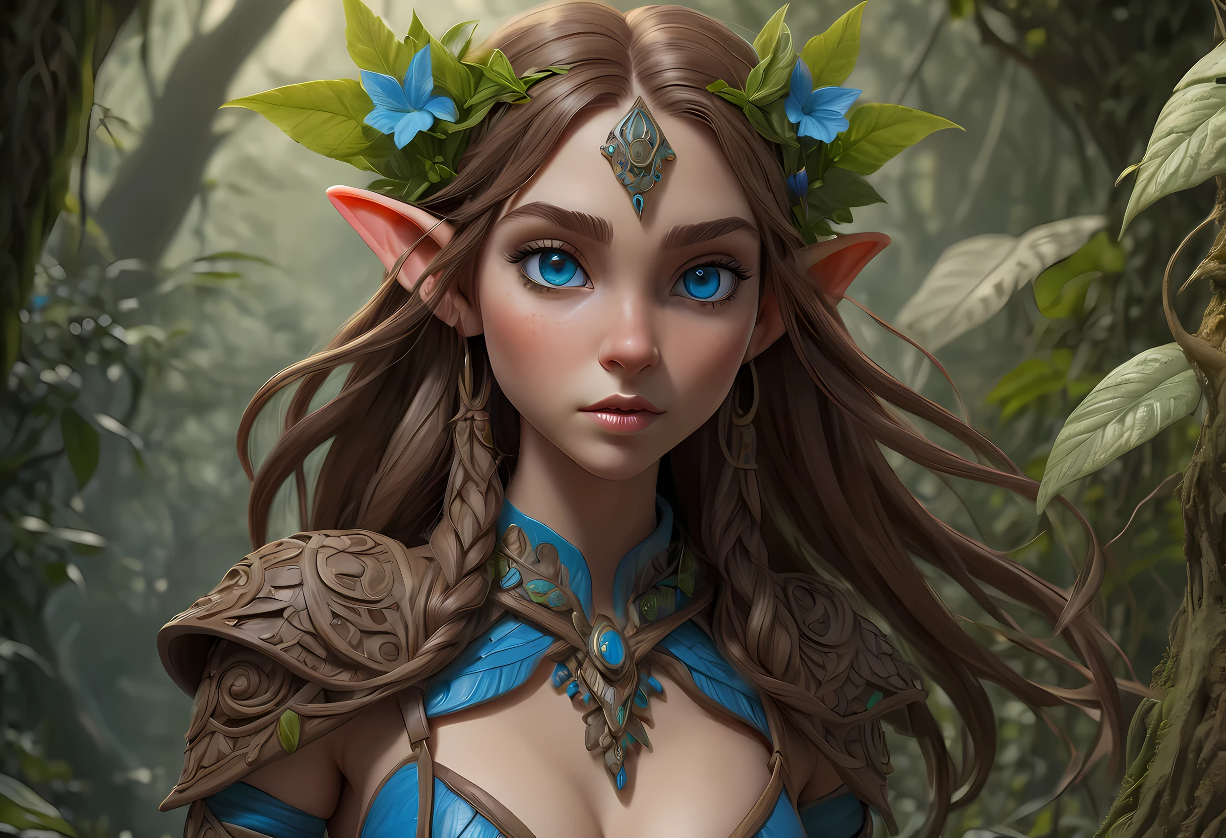 high details, best quality, 16k, [ultra detailed], masterpiece, best quality, (extremely detailed), dynamic angle, ultra wide shot, RAW, photorealistic, fantasy art, realistic art, a female elf druid (intricate details, Masterpiece, best quality: 1.5) in a jungle, a female elf wearing leather clothes intricate details, Masterpiece, best quality: 1.4), leather boots, thick hair, long hair, brown hair, intense blue eyes, vibrant jungle (intense details), plenty of plant life, vines coming from trees, many jungle trees (intricate details, Masterpiece, best quality: ), vines, a river flowing, sun light, dynamic light. dynamic angle, (intricate details, Masterpiece, best quality: 1.5) , 2.5 rendering, high details, best quality, highres, ultra wide angle