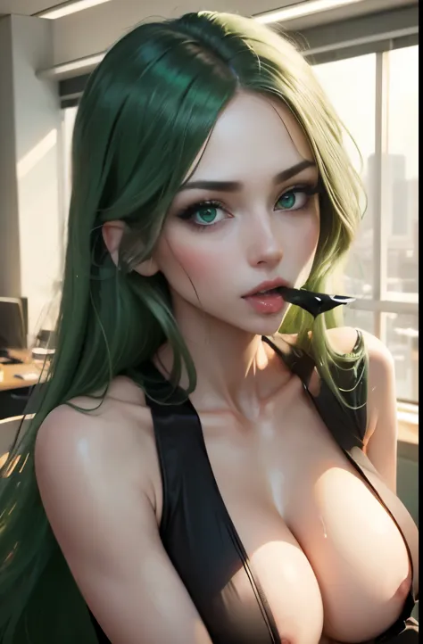 Green eyes. green long hair, beatiful face, cum in mouth, in office. Leakage from the genitals. ,Woman with mouth. BlowjobTopHeadPOVCironic Pose.