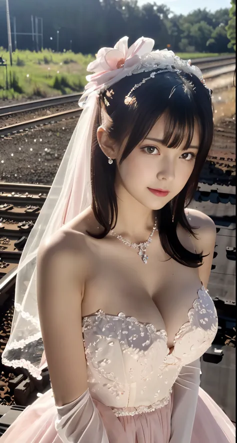 (((Pixel perfect, Perfect details))), alone, 1 girl, yuigahama yui,  Close-up of beautiful bride wearing beautiful wedding dress,Gurwitz, looking at viewer,(bridal veil:1.5），（transparent short veil：1.5），makeup,pink blush，dark blue eye shadow，Blushing face，...