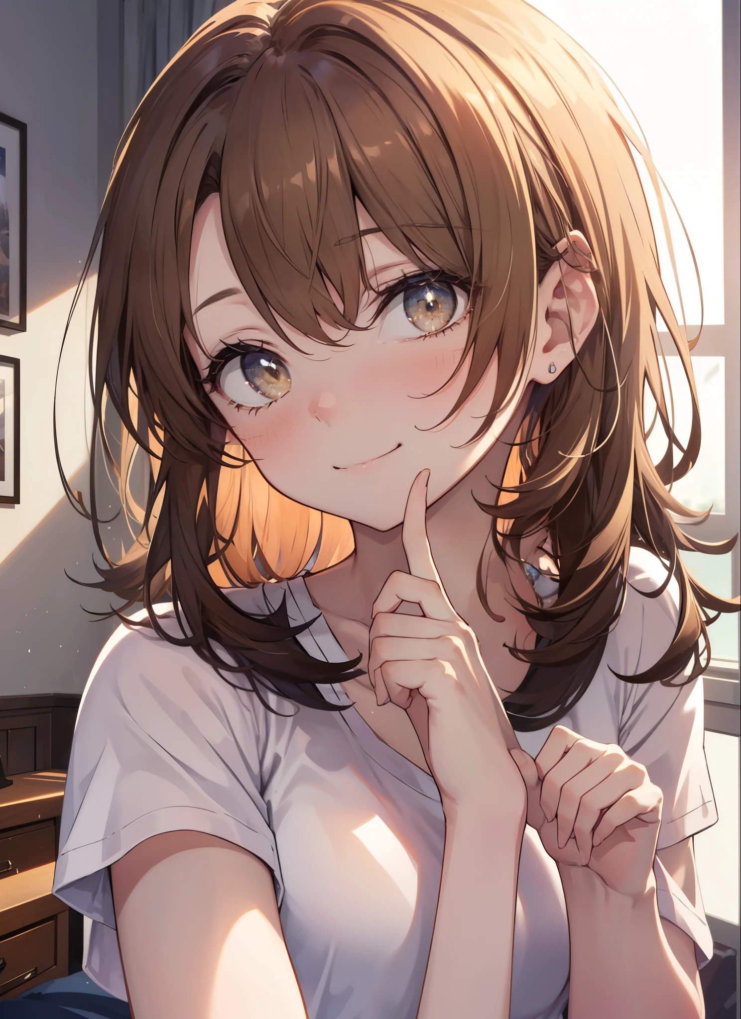 irohaisshiki, Isshiki Iroha, long hair, light brown hair, (brown eyes:1.5), smile,A girl sleeping with her eyes closed，sleep,white t-shirt,black underwear,barefoot,smile，Bedroom，light goes out， Covered with a blanket， windows，Romantic Sunrise，extreme light breaks indoors, Bedroom
壊す (masterpiece:1.2), highest quality, High resolution, unity 8k wallpaper, (shape:0.8), (beautiful and detailed eyes:1.6), highly detailed face, perfect lighting, Very detailed CG, (perfect hands, perfect anatomy),