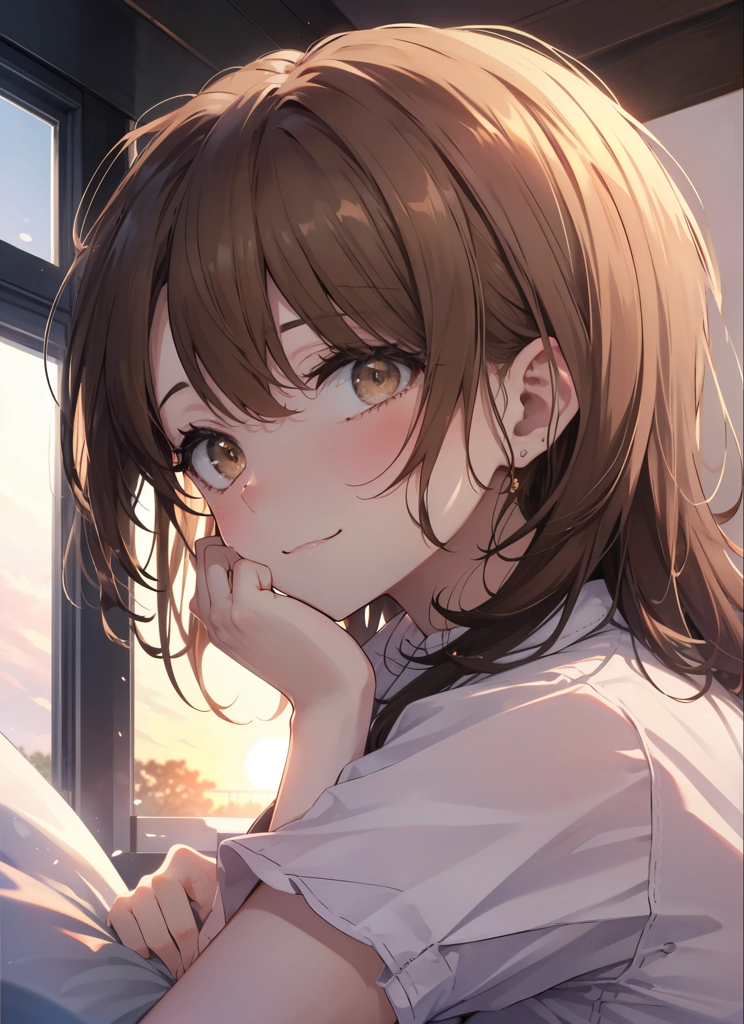 irohaisshiki, Isshiki Iroha, long hair, brown hair, (brown eyes:1.5), smile,A girl sleeping with her eyes closed，sleep,white t-shirt,black underwear,barefoot,smile，Bedroom，light goes out， Covered with a blanket， windows，Romantic Sunrise，extreme light,whole body,(huge laugh:1.1)、(open your mouth:1.1)、(wide open eyes:1.2)、glare of the sun,sleeping in bed,night,sleeping with head on pillow,sleeping on my back in bed,whole body,Upper body,
destroy indoors, Bedroom
壊す (masterpiece:1.2), highest quality, High resolution, unity 8k wallpaper, (shape:0.8), (beautiful and detailed eyes:1.6), highly detailed face, perfect lighting, Very detailed CG, (perfect hands, perfect anatomy),