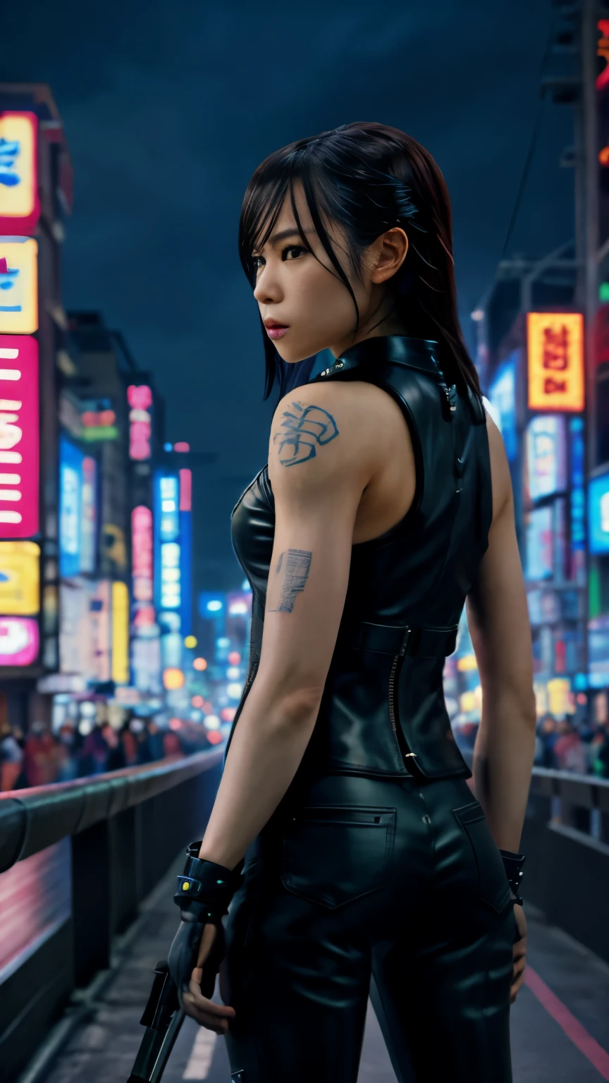 highest quality，masterpiece，Super detailed，8K, UHD，Beautiful woman，japanese woman，No expression，(Topless)，whole body，((tattoo))，slim，black leather pants，black leather vest，(female mafia)，gangster，(cyberpunk city)，night，cinematic lightening，movie poster，underworld