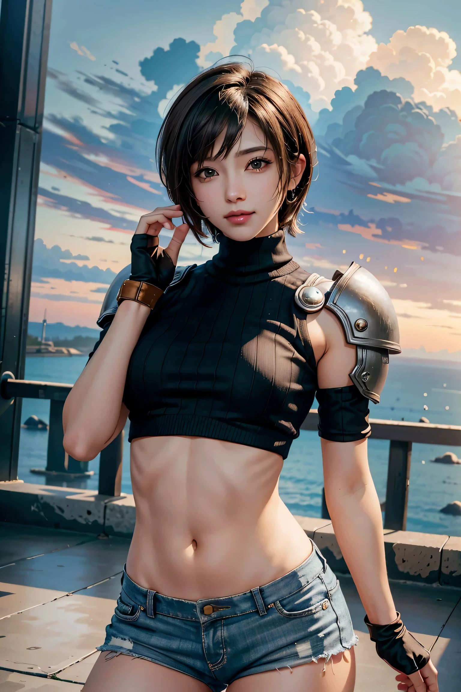 (masterpiece, 最high quality)
Yuffie Kisaragi,FF7, short hair,head band,belly button,sleeveless,turtleneck,brown eyes,sleeveless turtleneck,smile,gloves,crop top,brown hair,shorts,abdomen,armor,sweater,open fly,fingerless gloves,ribbed sweater,realistic,Super high quality,high quality,masterpiece,digital single lens reflex,Detailed details,exquisite details,based on anatomical basis,depicted in detail,detailed face,realistic skin texture,vivid details,perfect anatomy,perfect anatomy,anatomically correct hand,anatomically correct fingers,Super detailed,Complex 3D rendering,Huge ,sexy pose,The beautiful world of Final Fantasy 7,Cyberpunk worldview,Beautiful cloudy sky,fantastic cloudy sky,beauty like a painting,Take a full body photo,nine heads and bodies,pink lip,emphasize the beautiful whole body,beautiful nails,へにょへにょしたsmile,
