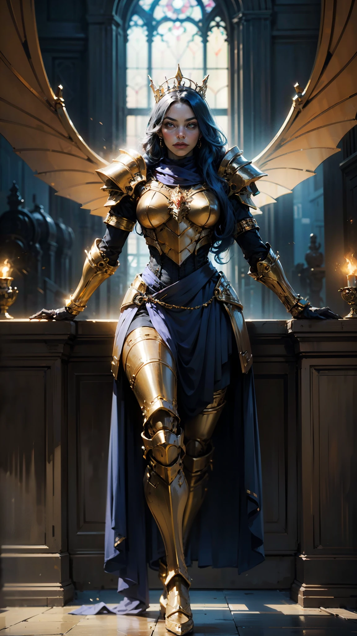 A woman adorned in fantasy-style full-body armor, a crown-concept fully enclosed helmet that unveils only her eyes, a composite layered chest plate, fully encompassing shoulder and hand guards, a lightweight waist armor, form-fitting shin guards, the overall design is heavy-duty yet flexible, (the armor gleams with a golden glow, complemented by red and blue accents), exhibiting a noble aura, she floats above a fantasy-surreal high-tech city, this character embodies a finely crafted fantasy-surreal style armored hero in anime style, exquisite and mature manga art style, (mixture of Queen bee and Spider concept Armor, plasma), ((Element, elegant, goddess, femminine:1.5)), metallic, high definition, best quality, highres, ultra-detailed, ultra-fine painting, extremely delicate, professional, anatomically correct, symmetrical face, extremely detailed eyes and face, high quality eyes, creativity, RAW photo, UHD, 32k, Natural light, cinematic lighting, masterpiece-anatomy-perfect, masterpiece:1.5