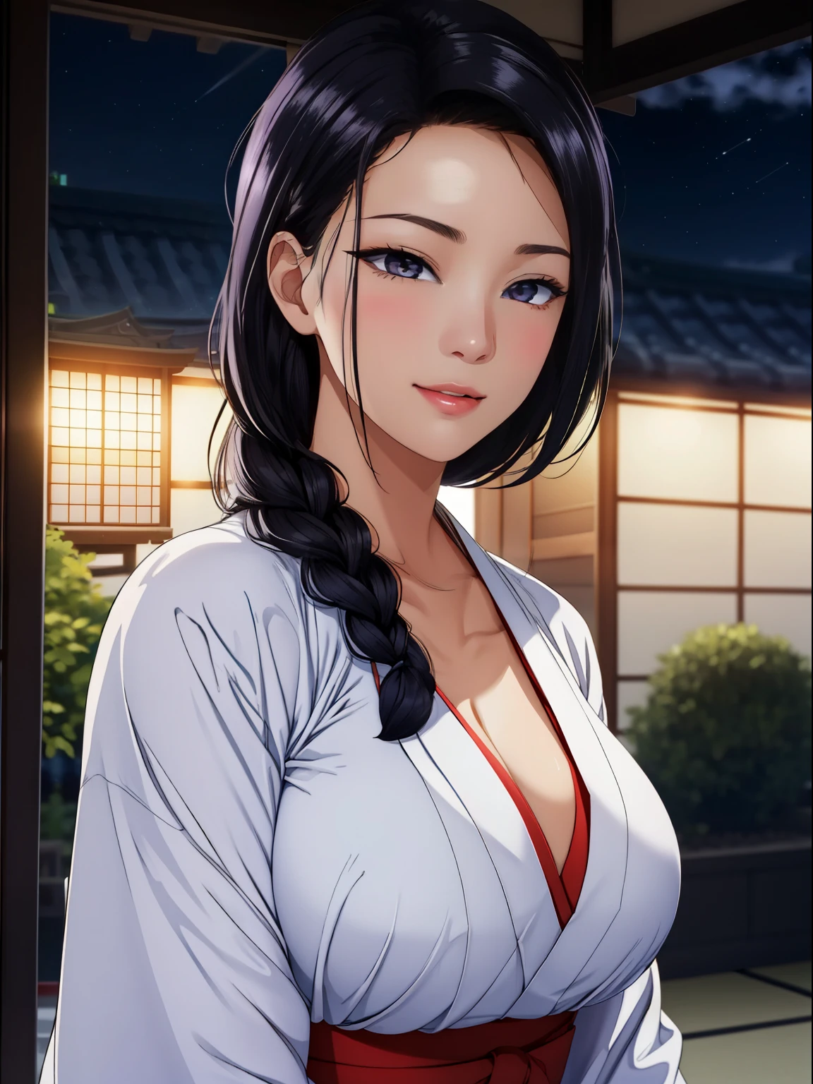 (night:1.7), Japan, Tokyo, City view, in front of the window,
looking at the viewer, (fascinating look:1.2), Happy, 笑face,
(white_kimono:1.3),cleavage,
black_hair, length_hair, hair_pulled_return,Broke up_lips,purple_eye, Braid,
1 girl, 24-years-old,mature woman,beautiful Finger,beautiful length legs,beautiful body,beautiful Nose,beautiful character design, perfect eye, perfect face, perfect fingers, perfect hands, 完璧なchest, perfect body,
looking at the viewer, in the center of the image,
NSFW,official art,highly detailed body, exteremly detailed face, extremely detailed hair, extremely detailed eye, wallpaper, perfect lighting,colorful, bright_front_face_lit,
(masterpiece:1.0),(Highest_quality:1.0), 超High resolution,4k,super detailed,
photograph, 8k, HDR, High resolution, disorganized:1.2, kodak portrait 400, film grain, blurry returnground, Bokeh:1.2, Lens flare, (lively_color:1.2)
(beautiful,big_chest:1.4), (beautiful_face:1.5),(narrow_waist),