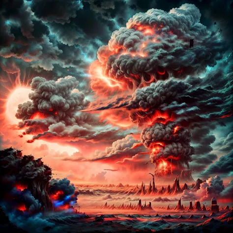 a hyper realistic close up of a nuclear explosion, una gran nube en el cielo, arte conceptual, nube nuclear, explosiones nuclear...