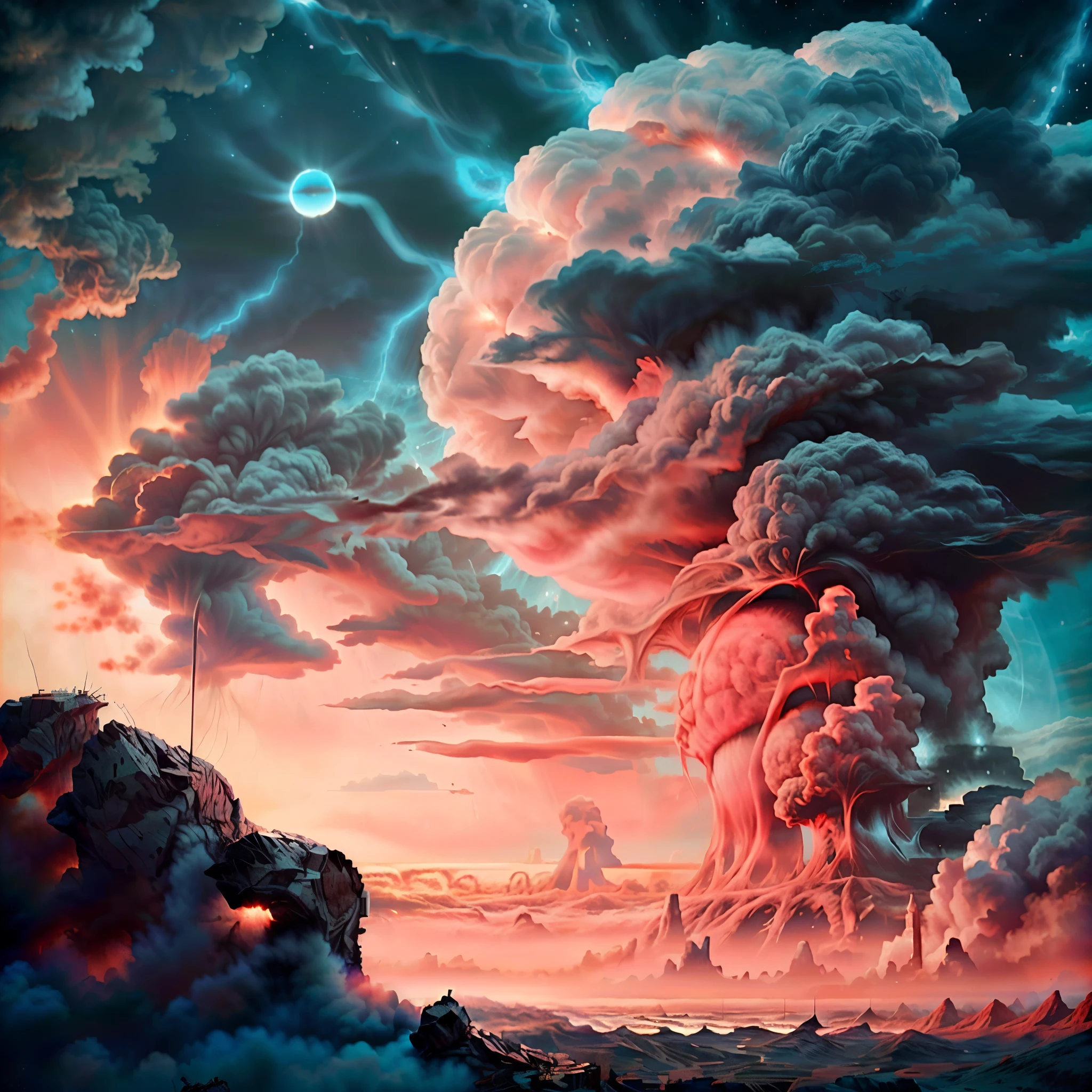 um close hiper-realista de uma explosão nuclear, uma grande nuvem no céu, arte conceitual, nuvem nuclear, Explosões nucleares pintam o céu, Obra de arte, realismo, Ruínas, radiação em efeitos iridescentes