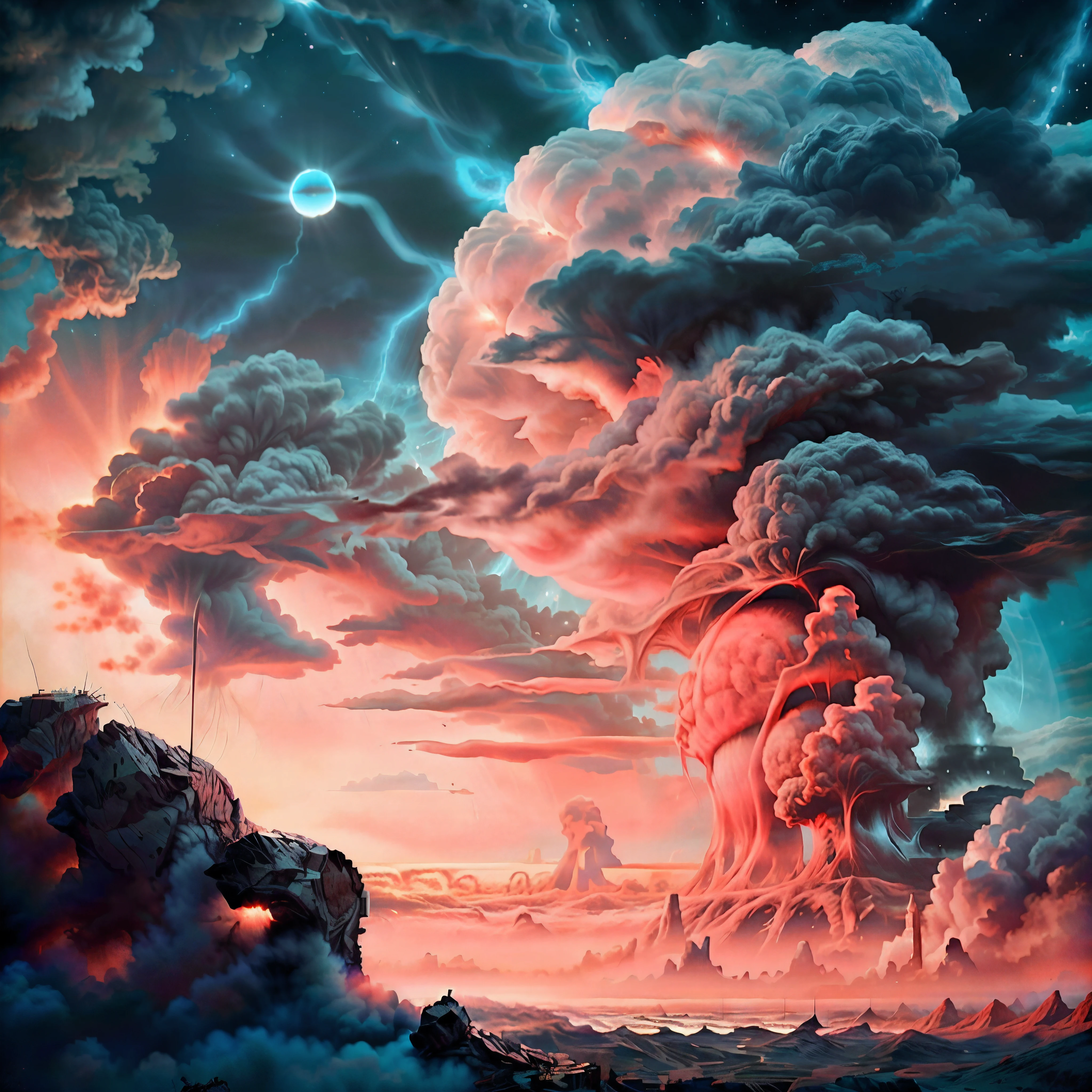 a hyper realistic close up of a nuclear explosion., a big cloud in the sky, conceptual art, nuclear cloud, Nuclear explosions paint the sky, Masterpiece, realism, Ruins, radiation in iridescent effects