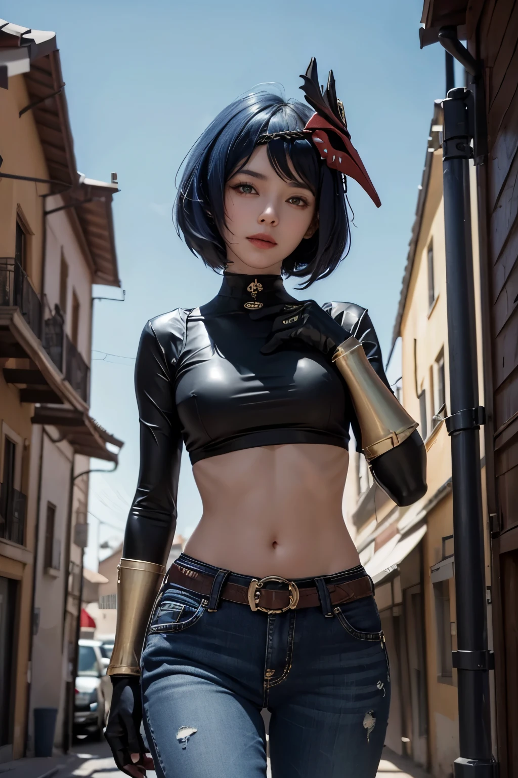 long sleeved latex top, long jeans, belt ((midriff, navel)), looking at viewer, old italian town road, smile, ((cinematic lighting, masterpiece, anatomically correct, detailed textured skin, high details, highres, HD, 4K, 8k)), (kujou sara:1.3), (mask on head, blue hair, short hair, yellow eyes)