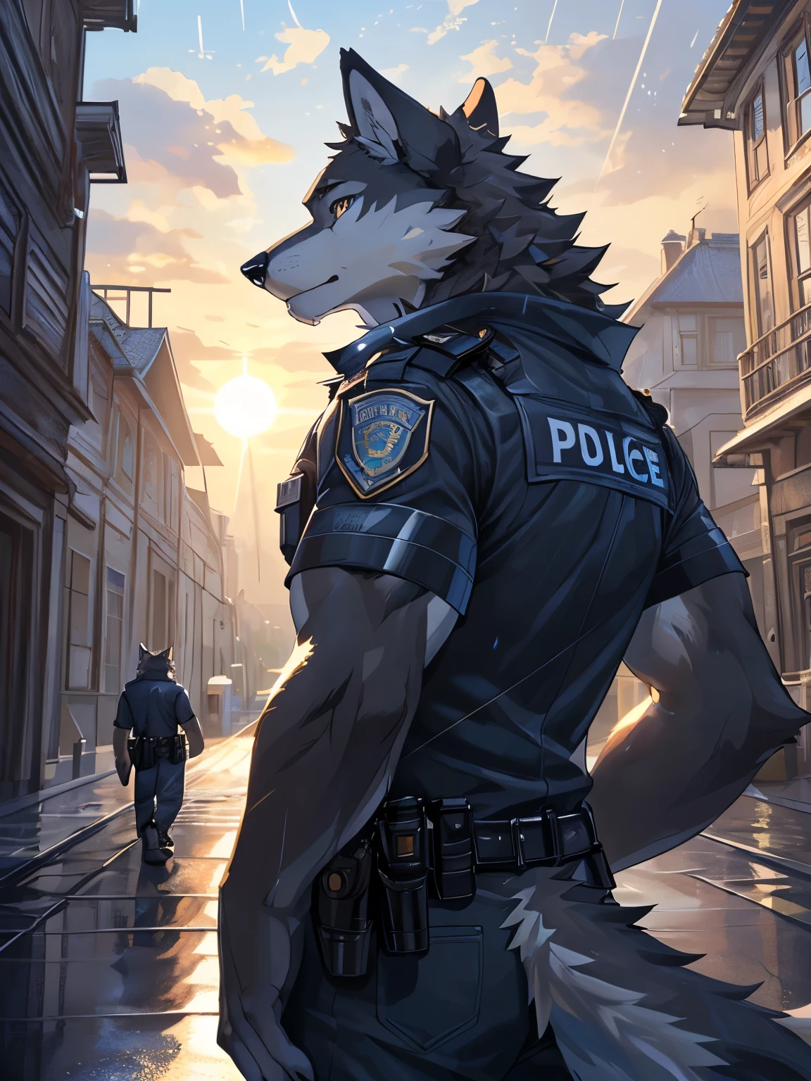 (Furry art, uploaded on e621: 1.4), Furry, two wolves,Male,Standing looking at each other in the pouring rain,Detailed, realistic colored eyes,One wolf had completely black fur and the other had white fur.,Wear a police uniform,Behind is the road.,The sun is set.,8k,hdr, (detail body), (perfect pulpils), standing, (masterpiece), (best quality), (ultra-detailed: 1.0), cool pose, (Clear, shiny:0,8), (1boy, solo), (solo_focus), detail fluffy, natural lighting, (male), anthro, (upscaling ratio: 2.20), detail background, perfect sky, detail fur, topless, detail pulpils, detail eyes.