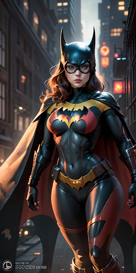 Batgirl from DC, big breasts, frontal, full-length, looking at the camera, facing the audience, standing pose, Gotham City backg...