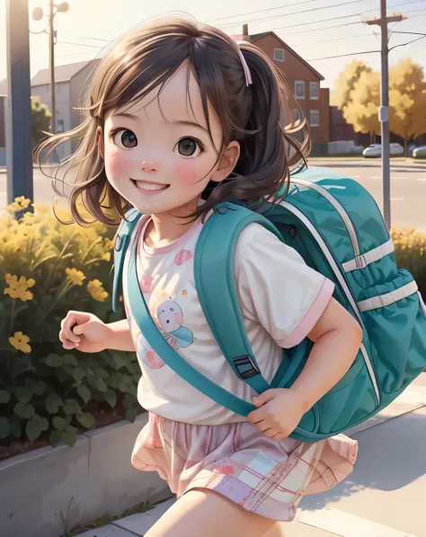 (best quality,1girl,baby face,smile,cute,carry back bag running to school),illustration,realistic colors,soft lighting