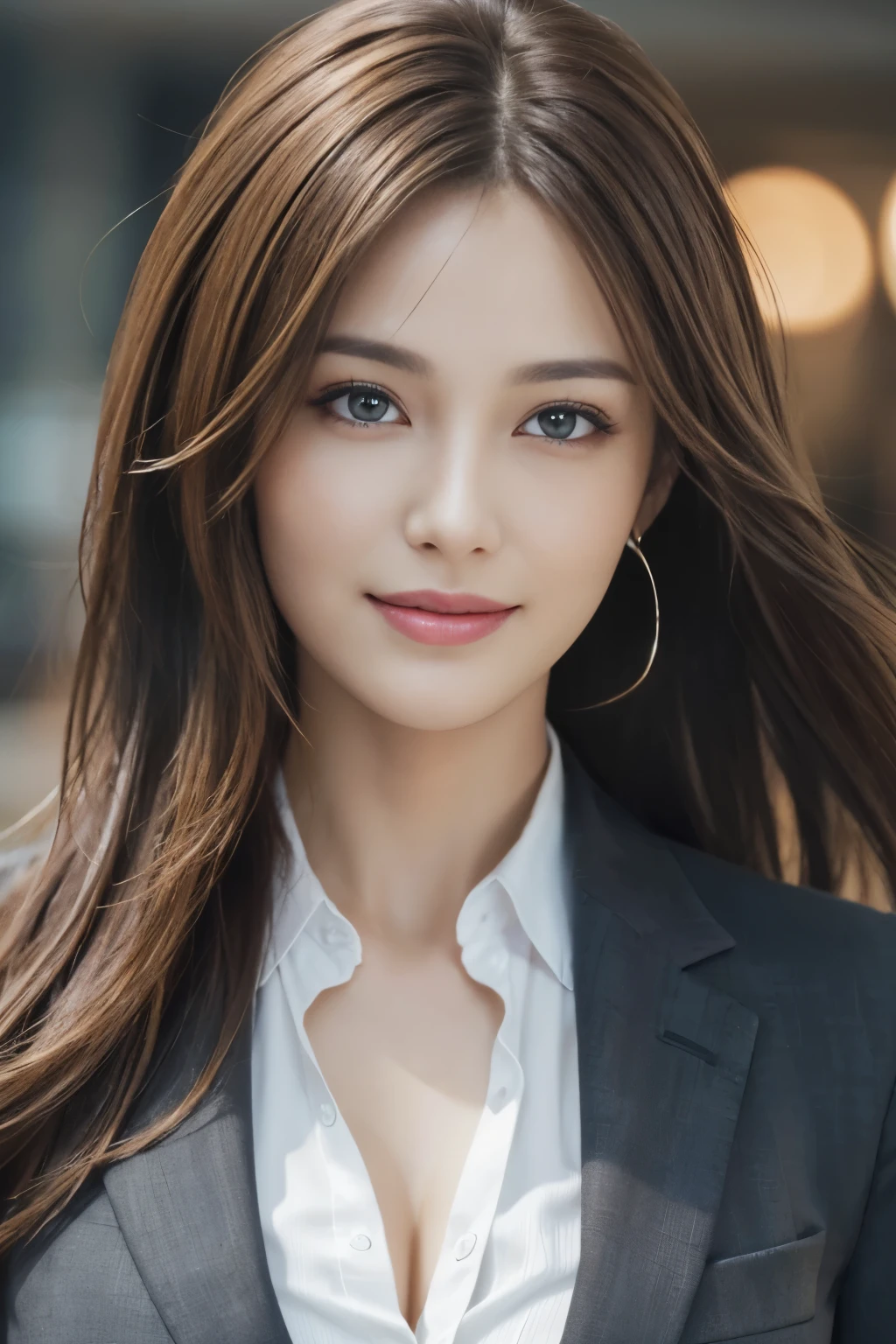 table top, highest quality, realistic, Super detailed, finely, High resolution, 8k wallpaper, 1 beautiful woman,, light brown messy hair, wearing a business suit, sharp focus, perfect dynamic composition, beautiful and detailed eyes, thin hair, Detailed realistic skin texture, smile, close-up portrait, model body shape