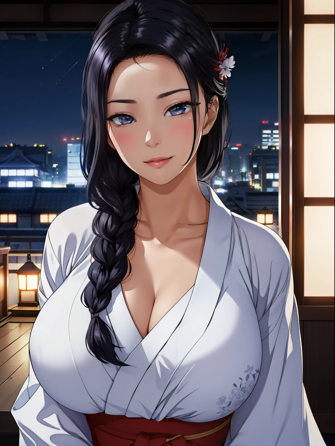 (night:1.7), Japan, Tokyo, City view, in front of the window,
looking at the viewer, (fascinating look:1.2), Happy, 笑face,
(white_kimono:1.3),cleavage,
black_hair, length_hair, hair_pulled_return,Broke up_lips,purple_eye, Braid,
1 girl, 24-years-old,mature woman,beautiful Finger,beautiful length legs,beautiful body,beautiful Nose,beautiful character design, perfect eye, perfect face, perfect fingers, perfect hands, Perfect chest, perfect body,
looking at the viewer, in the center of the image,
NSFW,official art,highly detailed body, exteremly detailed face, extremely detailed hair, extremely detailed eye, wallpaper, perfect lighting,Farbeful, bright_front_face_lit,
(masterpiece:1.0),(Highest_quality:1.0), 超High resolution,4K,super detailed,
photograph, 8K, HDR, High resolution, disorganized:1.2, kodak portrait 400, film grain, blurry returnground, bokeh:1.2, Lens flare, (lively_Farbe:1.2)
(beautiful,big_chest:1.4), (beautiful_face:1.5),(narrow_waist),