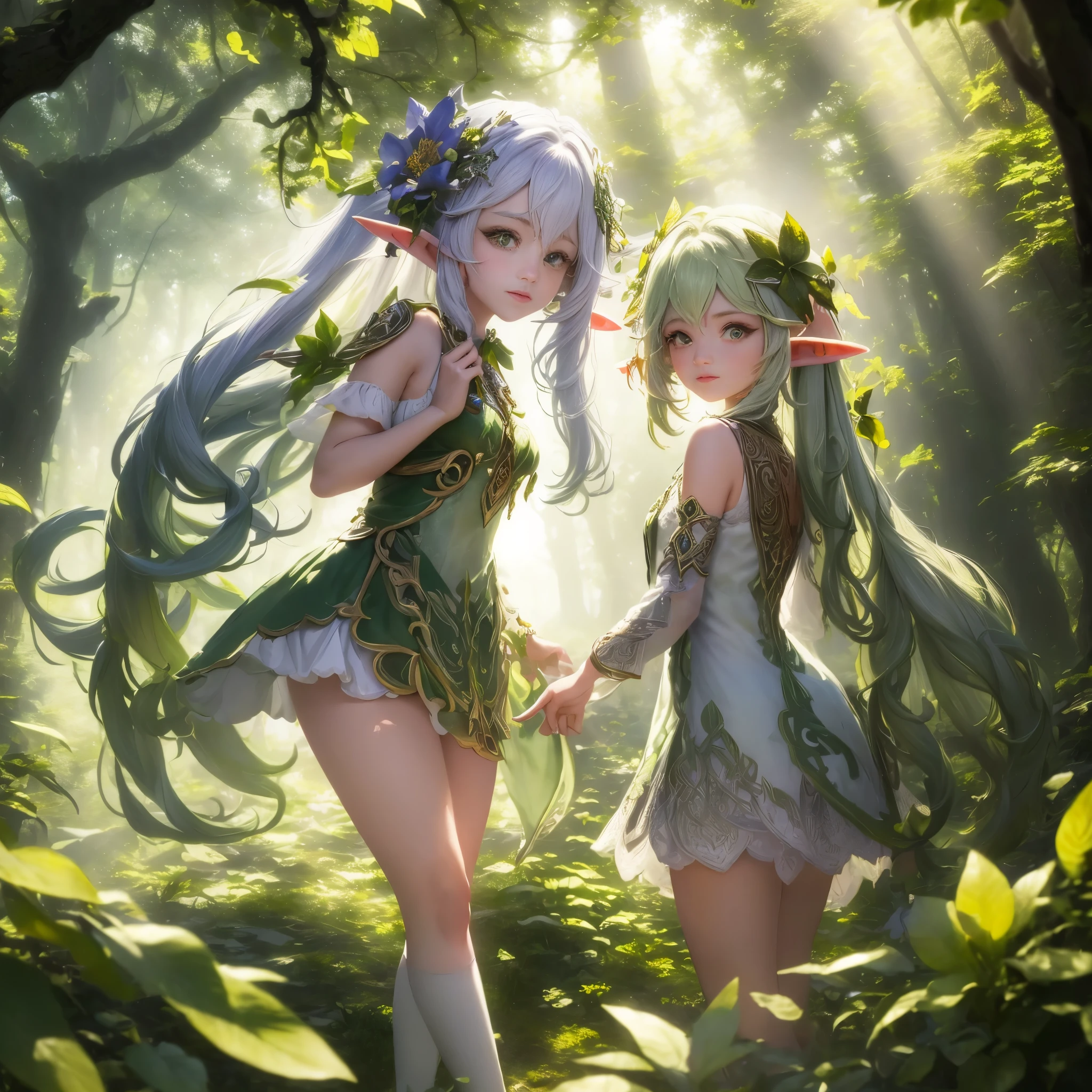 ((better quality)), ((masterpiece)), (Reality) , (((15 years))), backlight, sunshine, ((Female elf living in the forest)), whole body, thin, charming, (transparent clothes), ((Esf Asante dress)), vine yards, masterpiece, 8k, (Beautiful flowers)