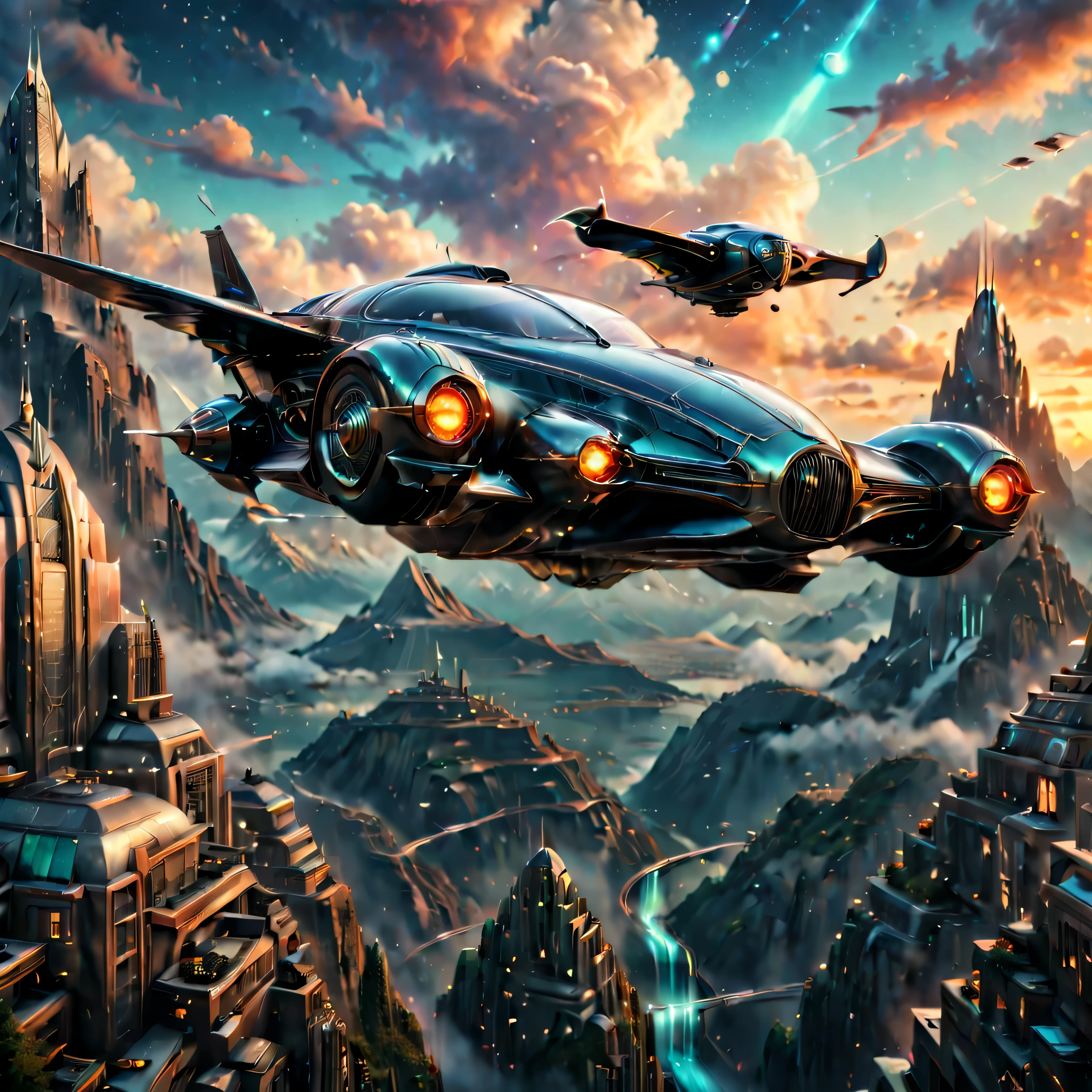 art deco style flying car, art deco style science fiction, background is vast mountain

(best quality,4k,8k,highres,masterpiece:1.2),ultra-detailed,(realistic,photorealistic,photo-realistic:1.37),HDR,UHD,studio lighting,ultra-fine painting,sharp focus,physically-based rendering,extreme detail description,professional,vivid colors,bokeh.