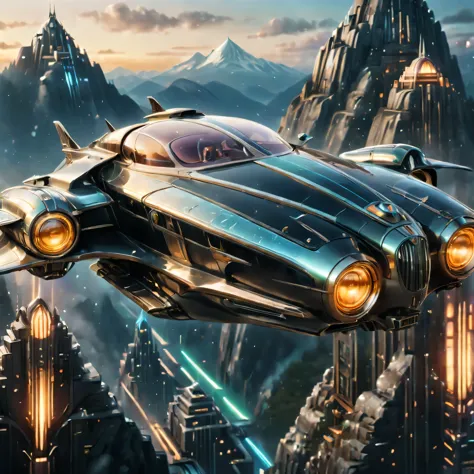 art deco style flying car, art deco style science fiction, background is vast mountain

(best quality,4k,8k,highres,masterpiece:...