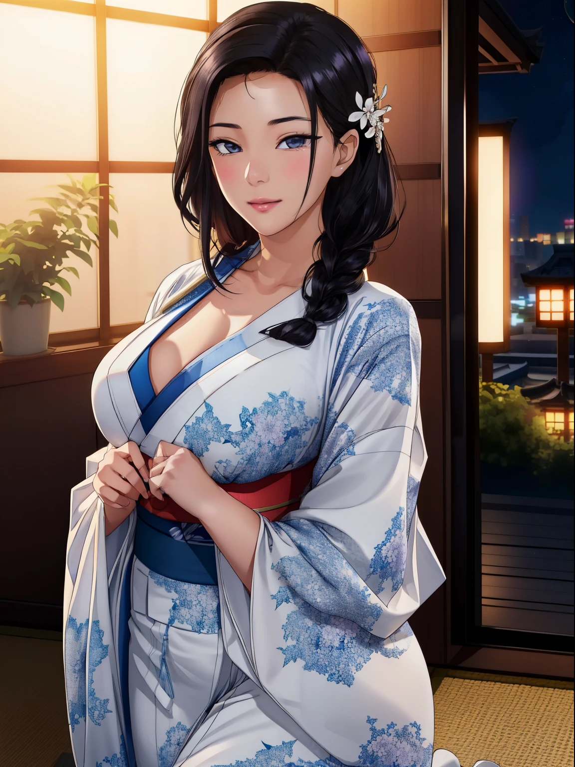 (night:1.7), Japan, Tokyo, City view, in front of the window,
looking at the viewer, (fascinating look:1.2), Happy, 笑face,
(white_kimono:1.3),cleavage,
black_hair, length_hair, hair_pulled_return,Broke up_lips,purple_eye, Braid,
1 girl, 24-years-old,mature woman,beautiful Finger,beautiful length legs,beautiful body,beautiful Nose,beautiful character design, perfect eye, perfect face, perfect fingers, perfect hands, Perfect chest, perfect body,
looking at the viewer, in the center of the image,
NSFW,official art,highly detailed body, exteremly detailed face, extremely detailed hair, extremely detailed eye, wallpaper, perfect lighting,Farbeful, bright_front_face_lit,
(masterpiece:1.0),(Highest_quality:1.0), 超High resolution,4K,super detailed,
photograph, 8K, HDR, High resolution, disorganized:1.2, kodak portrait 400, film grain, blurry returnground, bokeh:1.2, Lens flare, (lively_Farbe:1.2)
(beautiful,big_chest:1.4), (beautiful_face:1.5),(narrow_waist),