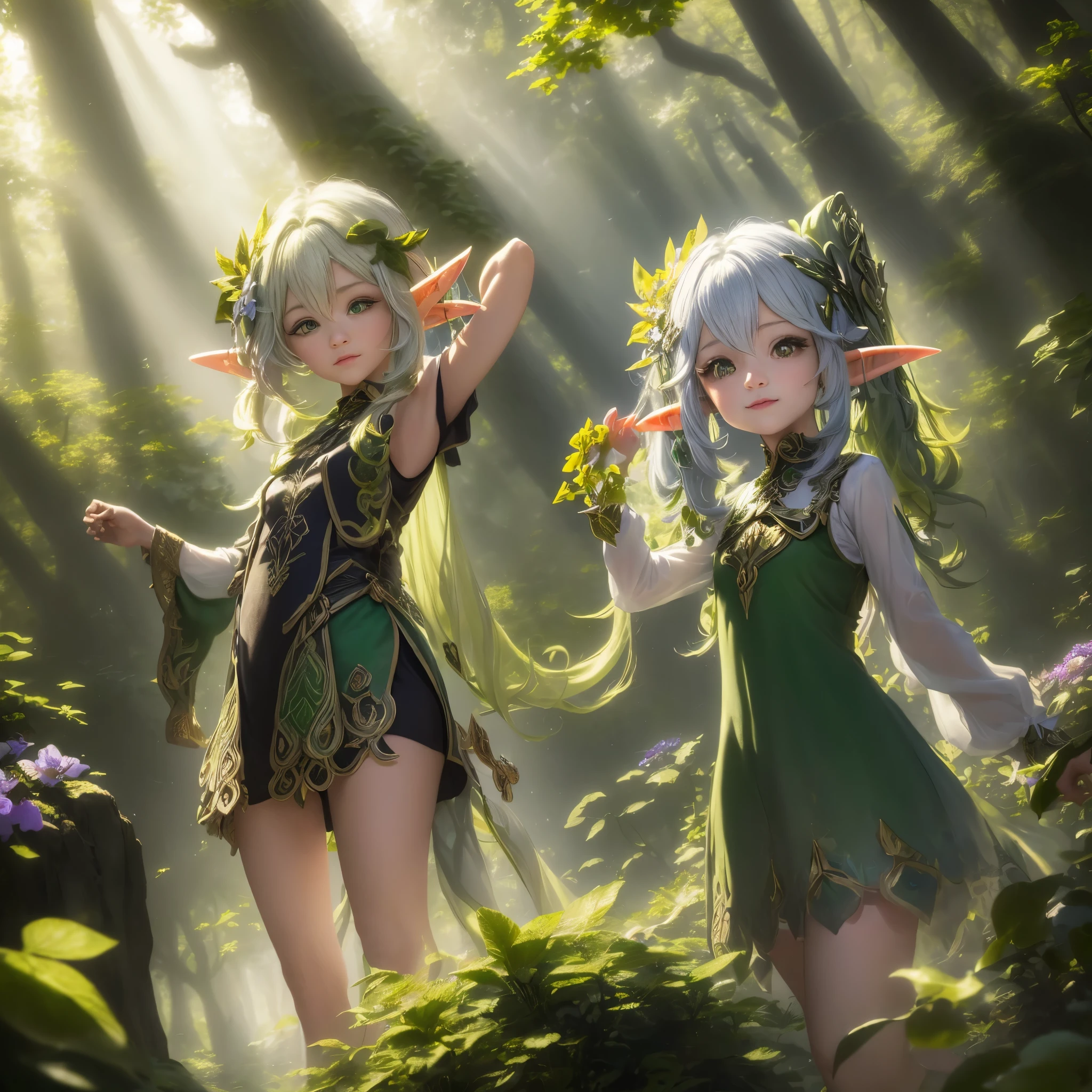 ((better quality)), ((masterpiece)), (Reality) , (((15 years))), backlight, sunshine, ((Female elf living in the forest)), whole body, thin, charming, (transparent clothes), ((Esf Asante dress)), vine yards, masterpiece, 8k, (Beautiful flowers)