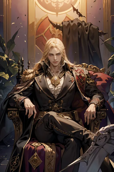 castlevania shadow lord handsome lord muscular dracula chatting in throne room with male advisors around him surreal ultra detai...