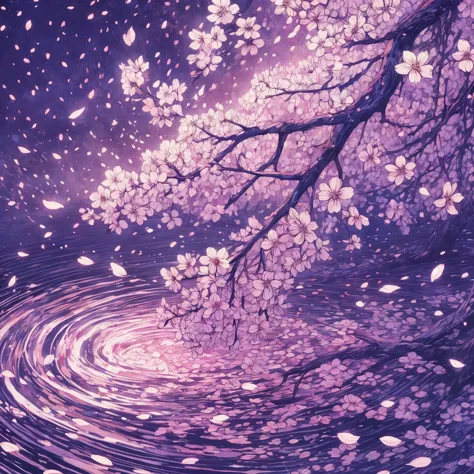Purple and white painting of a tree with a spiral design, Whirlpool of plum petals, Cherry blossoms scatter, Falling cherry blos...