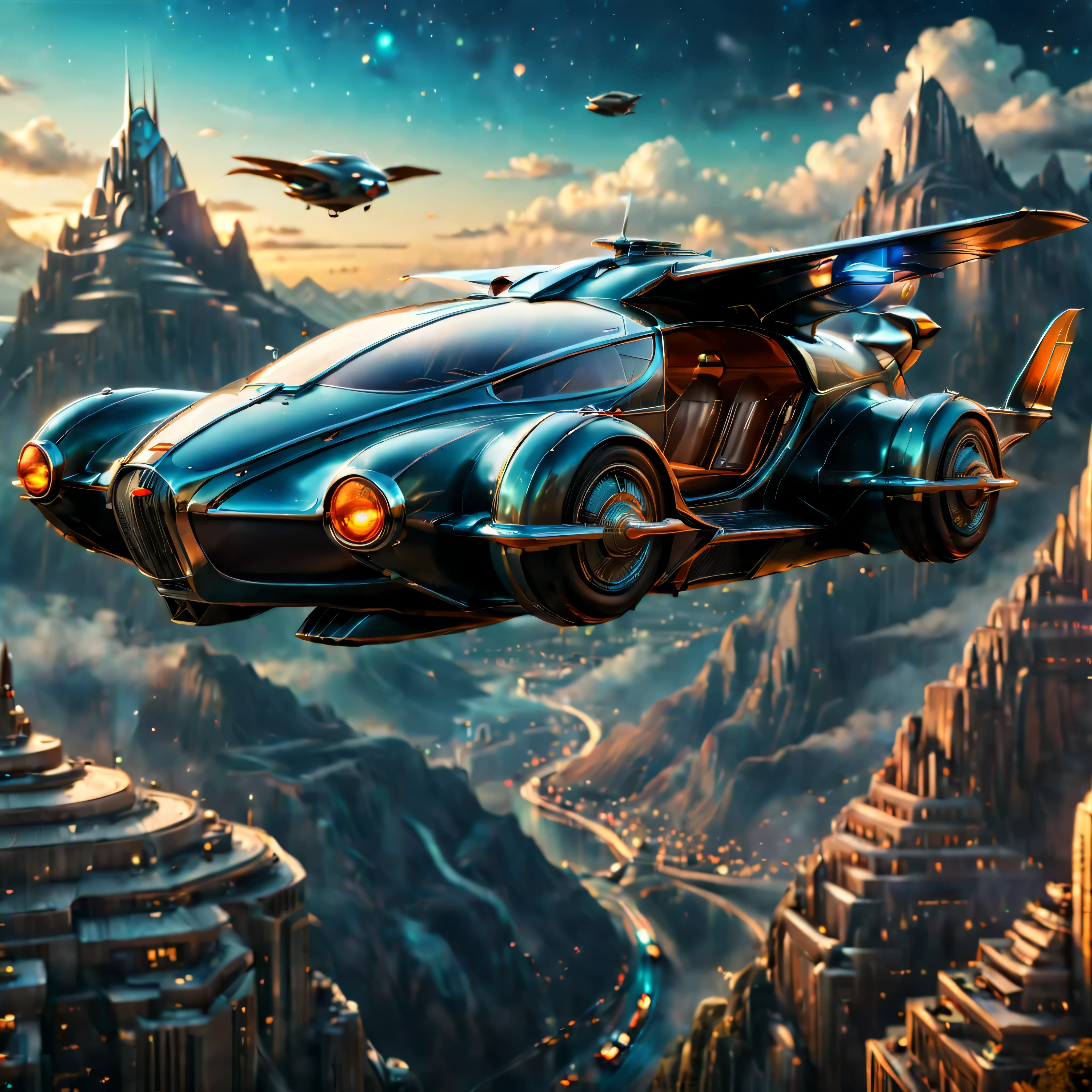 art deco style flying car, art deco style science fiction, background is vast mountain

(best quality,4k,8k,highres,masterpiece:1.2),ultra-detailed,(realistic,photorealistic,photo-realistic:1.37),HDR,UHD,studio lighting,ultra-fine painting,sharp focus,physically-based rendering,extreme detail description,professional,vivid colors,bokeh.