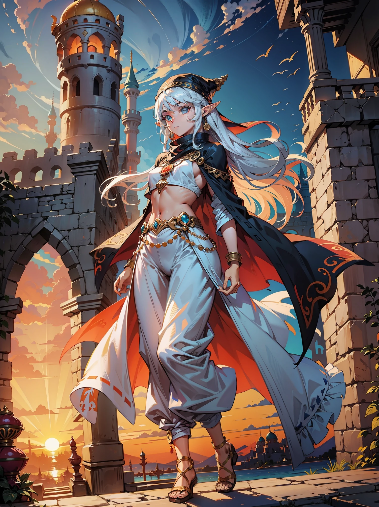 sunrise,colorful sunrise,female ,white hair ,full body,elf girl, jewels , arabian clothes ,harem pants,turban on head, arabian nights influenced,vibrant colors,vivid light arabian castle,sky clouds
