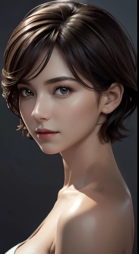 cinematic lighting、perfect、soft light、high resolution skin:1.4、realistic skin texture、30 year old mature woman、small face、no makeup、Detailed beautiful eyes、bust B cup、、short hair、dark brown hair、cool pose、gray background、