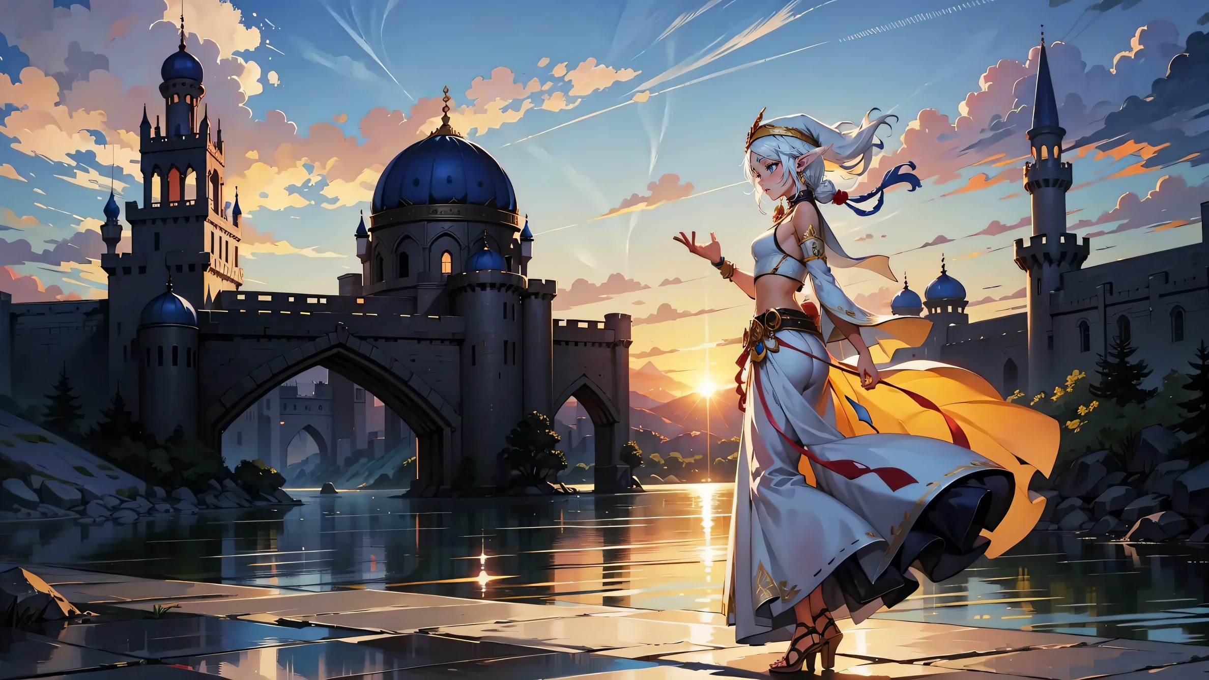 sunrise,colorful sunrise,female ,white hair ,full body,elf girl, jewels , arabian clothes ,harem pants,turban on head, arabian nights influenced,vibrant colors,vivid light arabian castle,sky clouds
