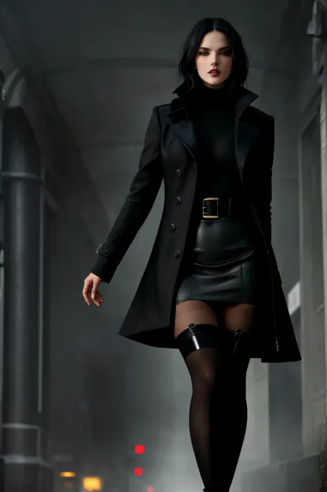 There is a woman walking through the tunnel wearing stockings and stockings, 2 b, 2b, gothic city streets behind her, lady in black coat and pantyhose, aeon flux style, Reminiscent《bladerunner》, sensual gloomy style, Tights; On the street, mall goth, leath...