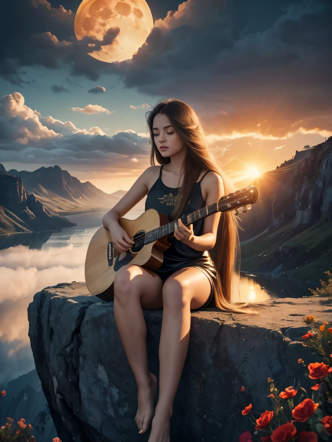 abstract painting art, 8k poster, full body, golden flowers, beautiful girl sitting on the edge of the cliff observing the distant horizon, golden eyes, garden, golden eyes, long hair blown by the wind, front view of female body, bronze hair metallic, red cloud sunset, night light, depth of valley seen from above with a lake and distant mountains, abstract oil painting, a girl well focused on the scene, (((girl plays guitar))), overexposure, overexposure art, surreal art, fantasy, abstract art of a woman in a mountain landscape, 8k poster, full body, gold and silver flowers, evening light, (((girl plays guitar))), (((giant full moon next to the sun, ))), (((musical signs in the clouds))), ((((long hair loose in the air, abstract hair molded into musical symbols, musical score thrown into the clouds, surreal art)))), high 8k resolution poster, gold and silver butterflies, ((short dress, tank top)), ((transparent t-shirt)), ((mini skirt)), ((bare feet) )), ((bare feet) )),