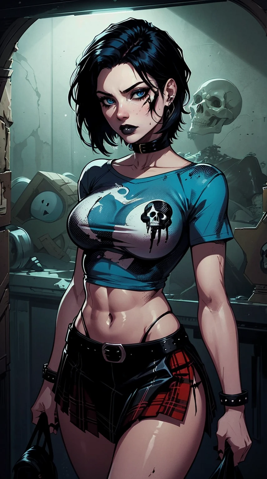 a woman with short black hair, hair on shoulders,  wearing a black cropped  and plaid skirt, blue eyes, zombie art, gothic art, cute aesthetic with vibe, toon aesthetic, wearing red costume, wearing gothic accessories, look like Cassie Hack, whole body, holding a skull in his hand, horror background