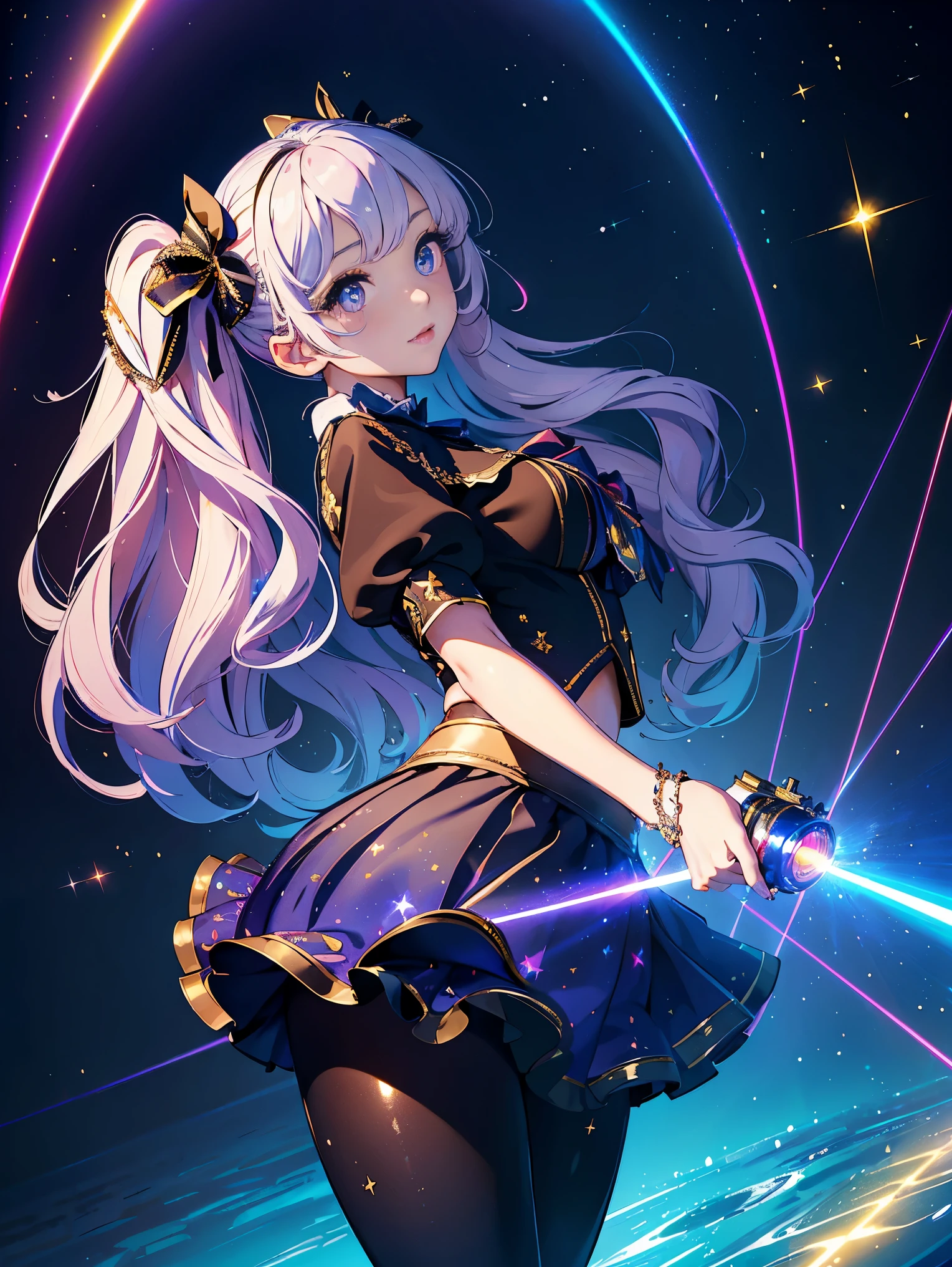 (masterpiece, exquisite, With rich detail and the highest image quality),colorful background,1 girl,close,very big eyes,Color Gradient Hair,(skirt laser:1.2),pantyhose,laser,laser shining star,beautiful fine water,bust,,twin tails,hair ribbon,star hair ornament,long eyelashes,  