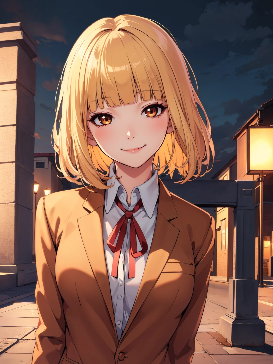 (masterpiece,best quality, detailed), 1girl, solo, classroom, indoors, hands on hips, closed mouth, dutch angle,
midorikawa hana, brown jacket, neck ribbon, collared shirt, school uniform, plaid skirt, loafers, squinting, eyelashes