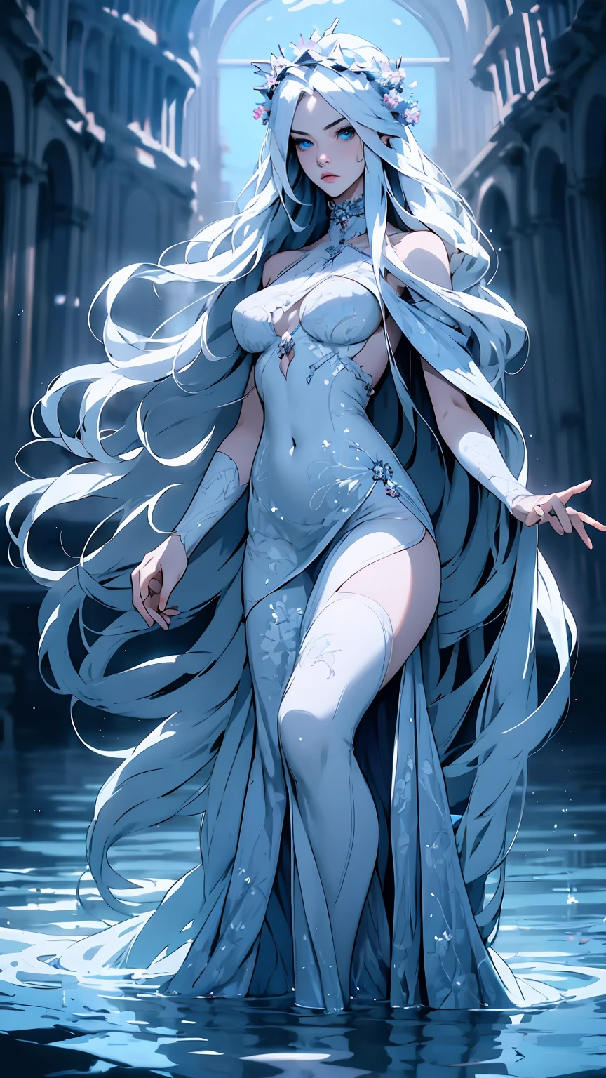 hyper-realistic  of a mysterious woman with flowing silver hair, piercing blue eyes, and a delicate floral crown, walking on the water, whole  body