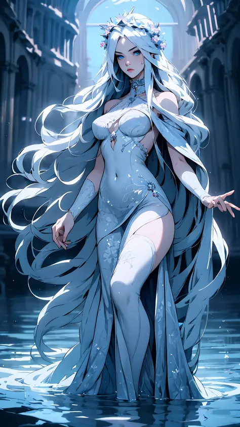 hyper-realistic  of a mysterious woman with flowing silver hair, piercing blue eyes, and a delicate floral crown, walking on the...