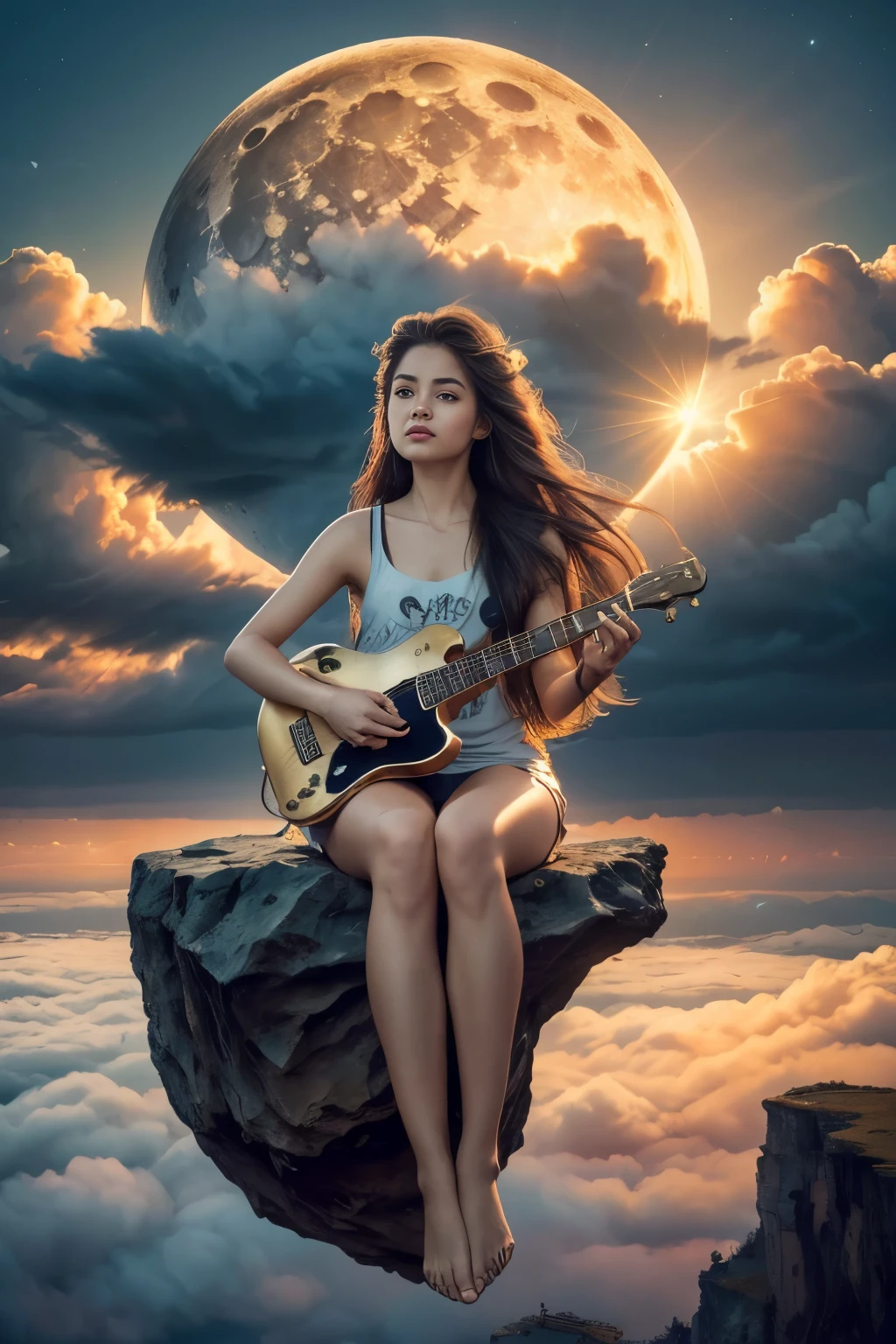 abstract painting art, 8k poster, full body, golden flowers, beautiful girl sitting on the edge of the cliff observing the distant horizon, golden eyes, garden, golden eyes, long hair blown by the wind, front view of female body, bronze hair metallic, red cloud sunset, night light, depth of valley seen from above with a lake and distant mountains, abstract oil painting, a girl well focused on the scene, (((girl plays guitar))), overexposure, overexposure art, surreal art, fantasy, abstract art of a woman in a mountain landscape, 8k poster, full body, gold and silver flowers, evening light, (((girl plays guitar))), (((giant full moon next to the sun, ))), (((musical signs in the clouds))), ((((long hair loose in the air, abstract hair molded into musical symbols, musical score thrown into the clouds, surreal art)))), high 8k resolution poster, gold and silver butterflies, ((short dress, tank top)), ((transparent t-shirt)), ((mini skirt)), ((bare feet) )), ((bare feet) )),